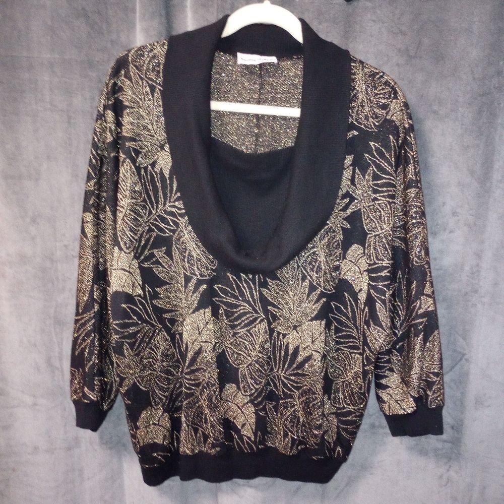 Vintage Young Stuff II Black and Gold Cowl Neck Sweater Size 1X EUC